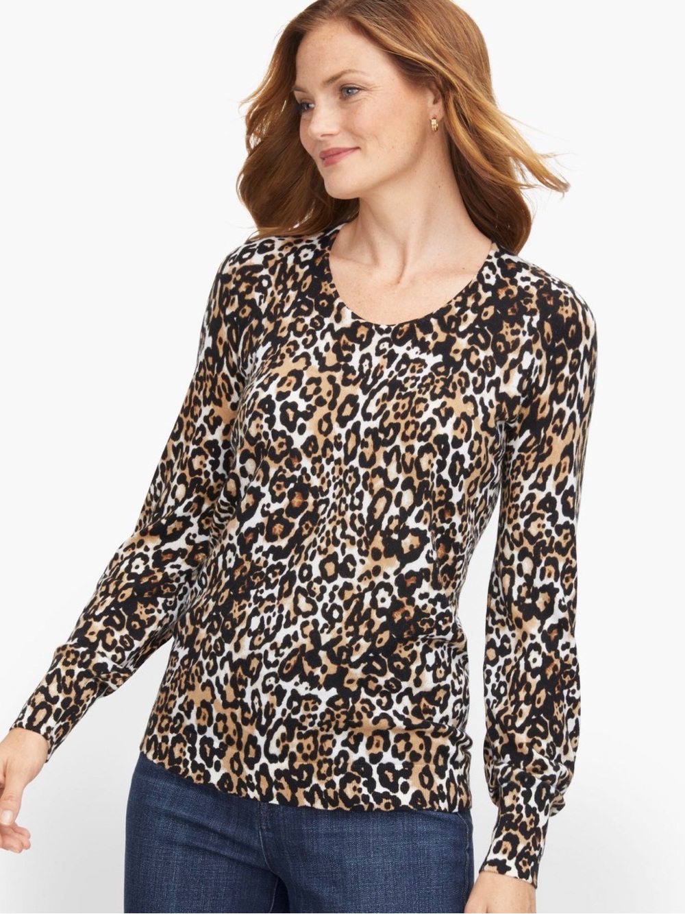 Talbots M Cheetah print 100% merino wool V neck long sleeve lightweight sweater